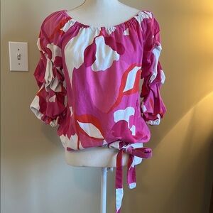 CeCe Pink and White Ruffled Blouse with Tie Front